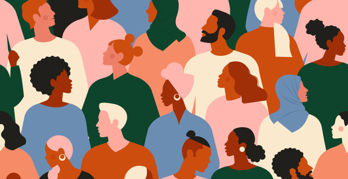 Crowd of young and elderly men and women in trendy hipster clothes. Diverse group of stylish people standing together. Society or population, social diversity. Flat cartoon vector illustration.