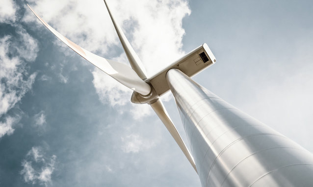 Wind turbine with blue gray sky